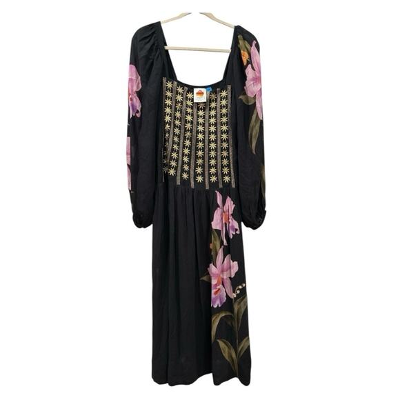 Farm Rio Long Sleeve Midi Dress Square Neck Black Floral Size Medium - Picture 2 of 8